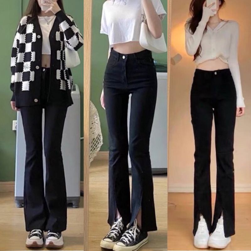 Quần bò jeans nữ ống loe đứng rộng xuông co dãn jeans cạp cao cấp