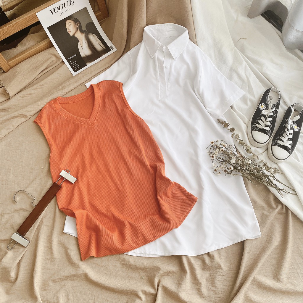 Set sơ mi giấu quần phối áo gile len cam | BigBuy360 - bigbuy360.vn