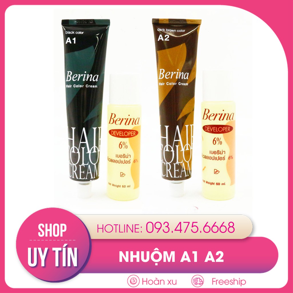 [NHUỘM RẺ] Thuốc nhuộm tóc BERINA A1 (màu đen), A2 (màu nâu đen) giá rẻ, xuất xứ Thái Lan, chuyên dùng để phủ bạc