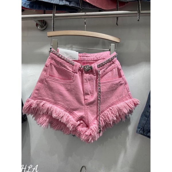 Quẩn short jean hồng rua tua babi