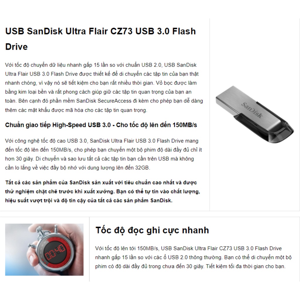 [Chính Hãng BH 5 năm} USB SanDisk CZ73 256Gb 3.0 150MB/s Chính Hãng Có Tem Chính Hãng