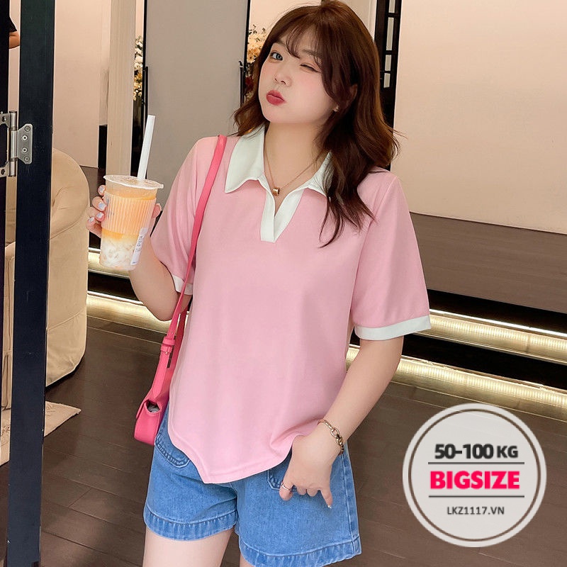 Áo thun polo Bigsize Áo kiểu nữ form rộng tay ngắn có cổ trơn mùa hè Phong cách Hàn Quốc Thời Trang tiểu thư cá tính xinh đẹp cho người mập béo