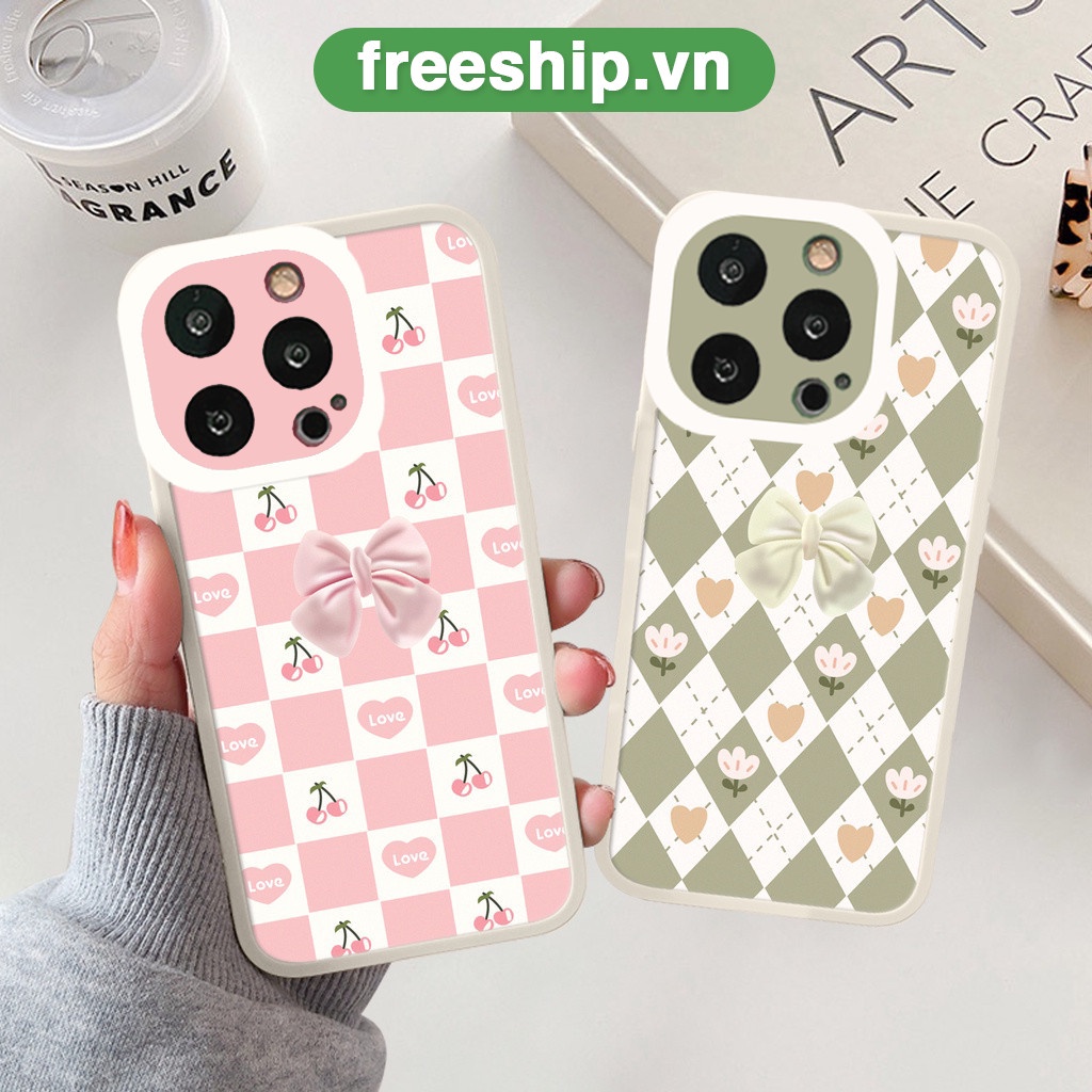 Ốp lưng iphone cạnh vuông lỗ camera nơ cherry 6/6splus/7/7plus/8/8plus/x/xr/xs/11/12/13/pro/max/plus/promax