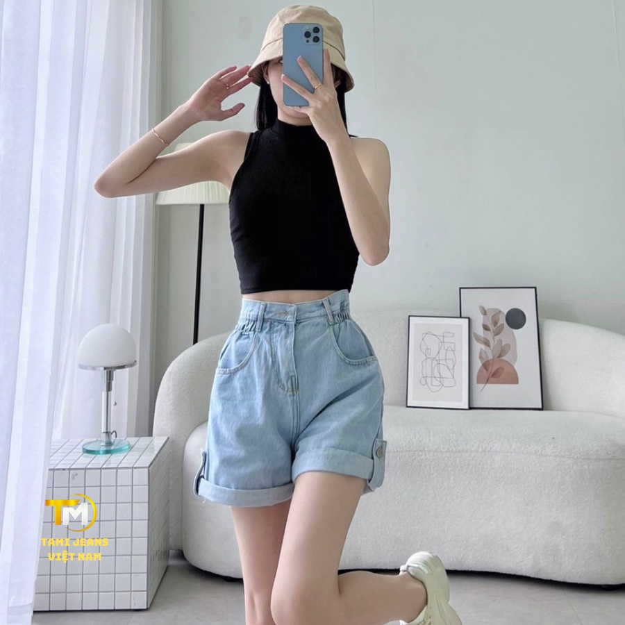 Quần short jean nữ lưng cao eo nhún chun lai bách 4 màu đậm, nhạt, đen, tro