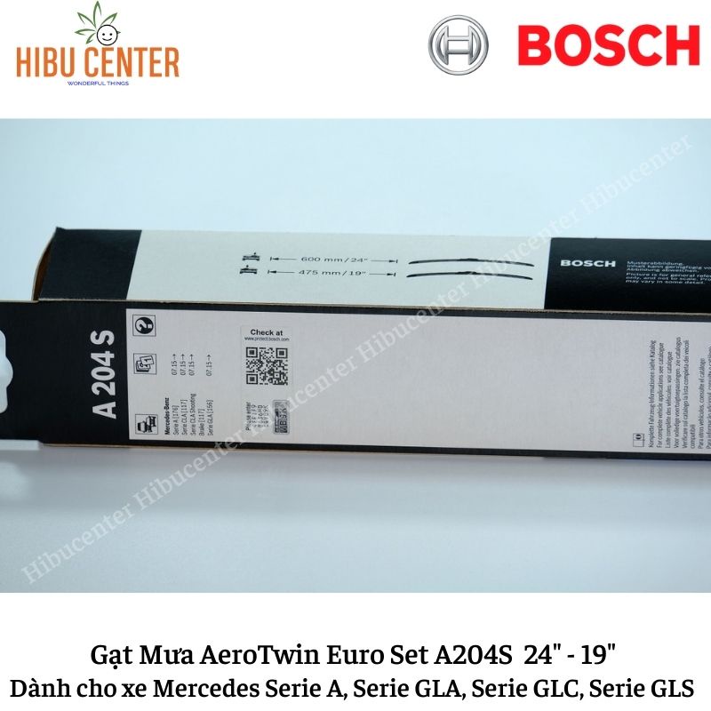 Gạt Mưa BOSCH AeroTwin Euro Set A204S Kích thước 24”/60cm – 19”/47.5cm | Dành cho Xe Mercedes A, GLA, GLC, GLS | Hibu