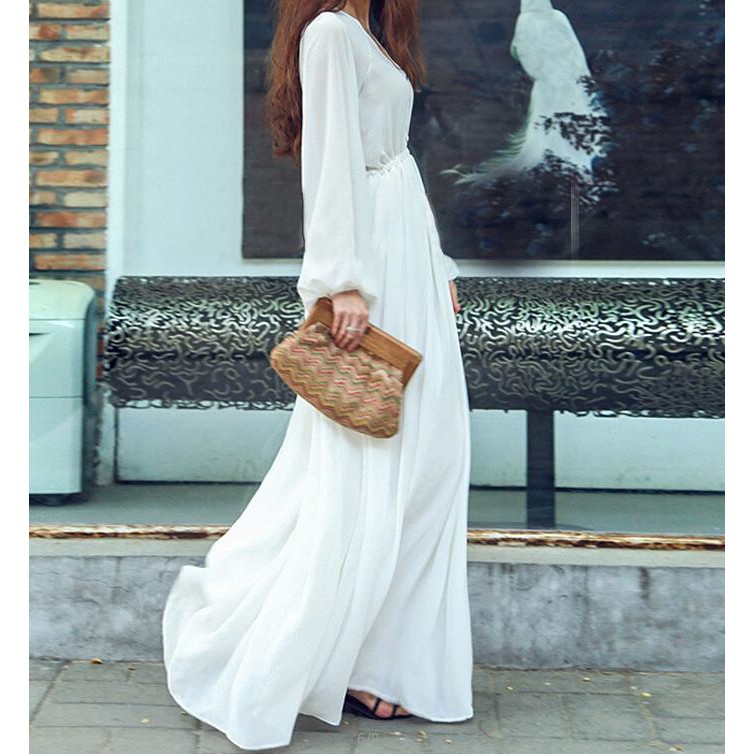 Đầm trắng tay dài cổ chữ V phong cách Bohemian | BigBuy360 - bigbuy360.vn