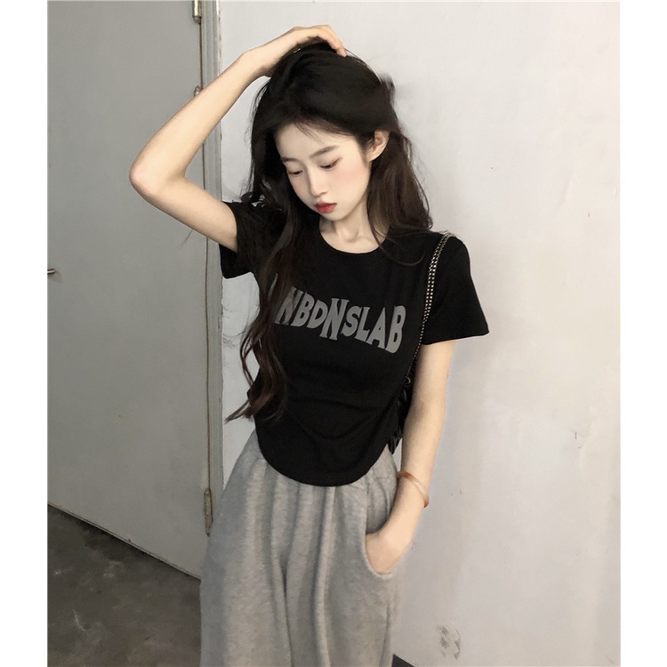 Set Áo Thun Lửng Ngắn Tay + Quần jeans Dài Lưng Cao Ống Rộng Thời Trang Cho Nữ