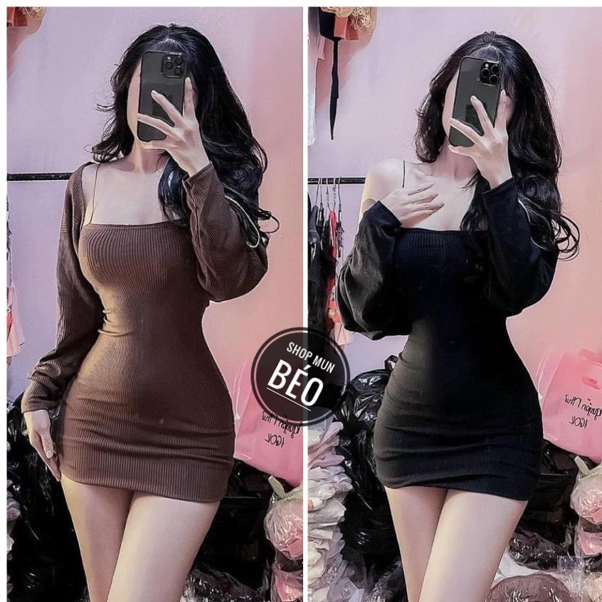 Đầm body 2 dây phom ngắn kèm áo khoác chất thun gân thích hợp mặc đi làm đi chơi phù hợp với mọi phong cách