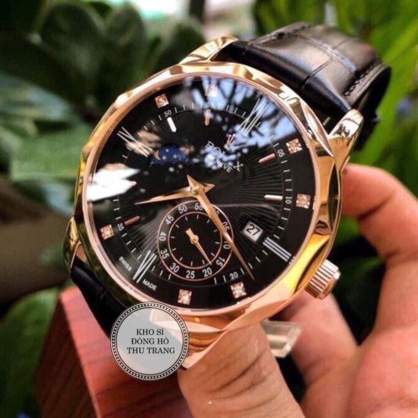 Đồng hồ Nam Rolex máy nhật, mẫu 3kim cắt vát mặt đen viền vàng dây da, dòng cơ Automatic size 40mm-41mm