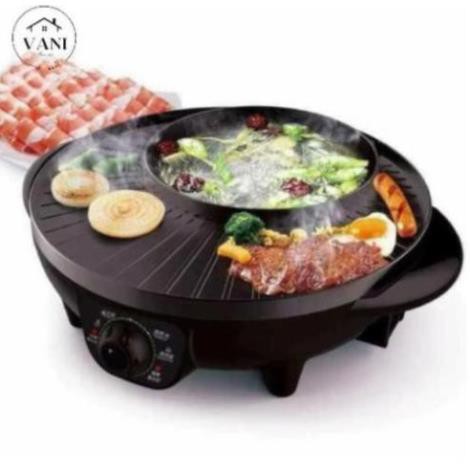 Nồi lẩu nướng tròn 2 ngăn Hàn Quốc 2in1 cao cấp - Lẩu nướng điện 2 trong 1 Thái Lan mặt đá