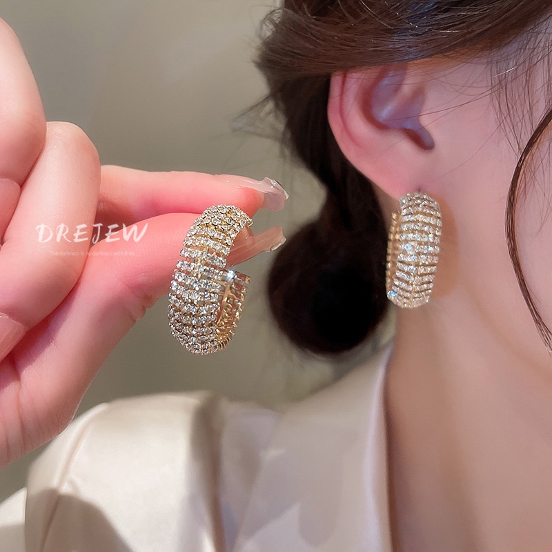 DREJEW Khuyên tai hình chữ C màu bạc đính kim cương phong cách Âu Mỹ thời trang