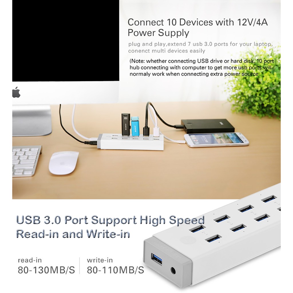 Bộ Chia USB 3.0 10 Cổng Cao Cấp UGreen 20297 - Tốc Độ 5Gbps, Nguồn 12V 5A