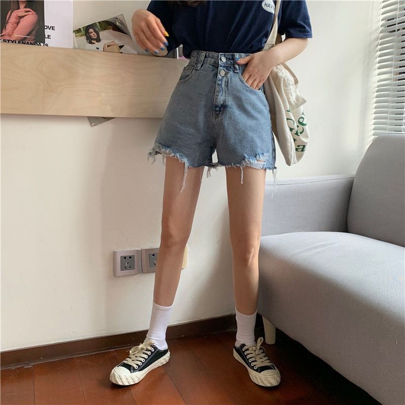 Quần Short Denim Lưng Cao Màu Xanh Nhạt Thời Trang Mùa Hè Hàn Quốc Cho Nữ