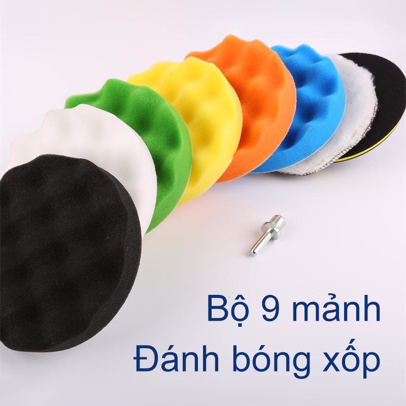 [1 Bộ 9 món ]5 inch Bộ phớt sáp đánh bóng gắn máy khoan điện xe máy ô tô - Miếng mút đánh bóng xe-【SK-QC-QJS04-1】