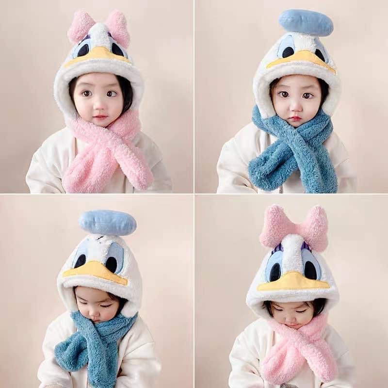 Mũ lông kèm khăn 2in1 [Hàng có sẵn] cho bé siêu ấm mềm mịn hình con gà (ảnh thật)