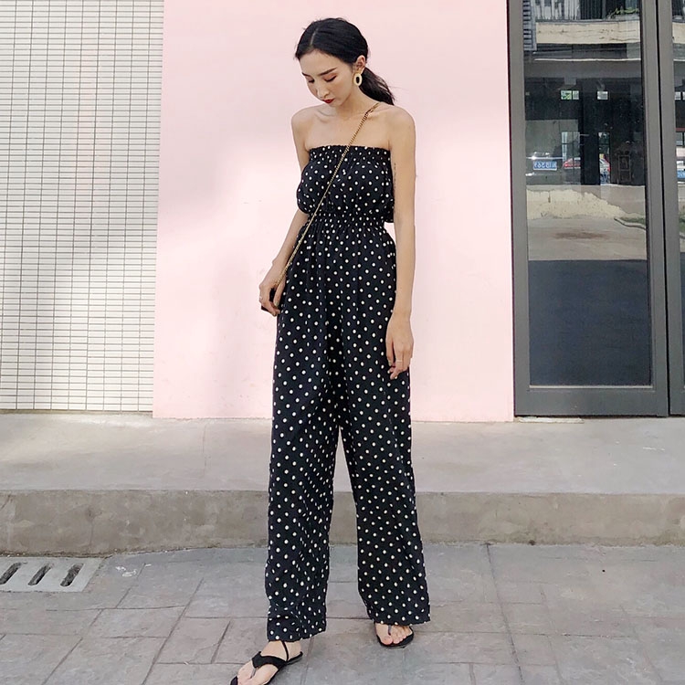 Jumpsuit Lưng Cao Ống Rộng Họa Tiết Chấm Bi Phong Cách Retro