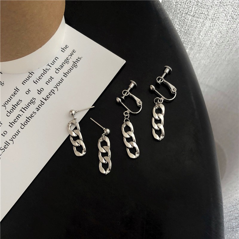 Khuyên tai kẹp không bấm lỗ chốt điều chỉnh K055 bằng hợp kim mạ bạc hình khối dáng dài Leous Accessories