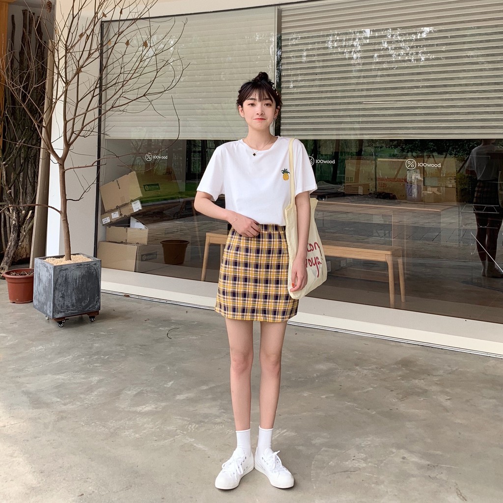 Chân Váy XIAOZHAINV Lưng Cao Họa Tiết Sọc Ca Rô Phong Cách Retro Trẻ Trung Thời Trang | BigBuy360 - bigbuy360.vn