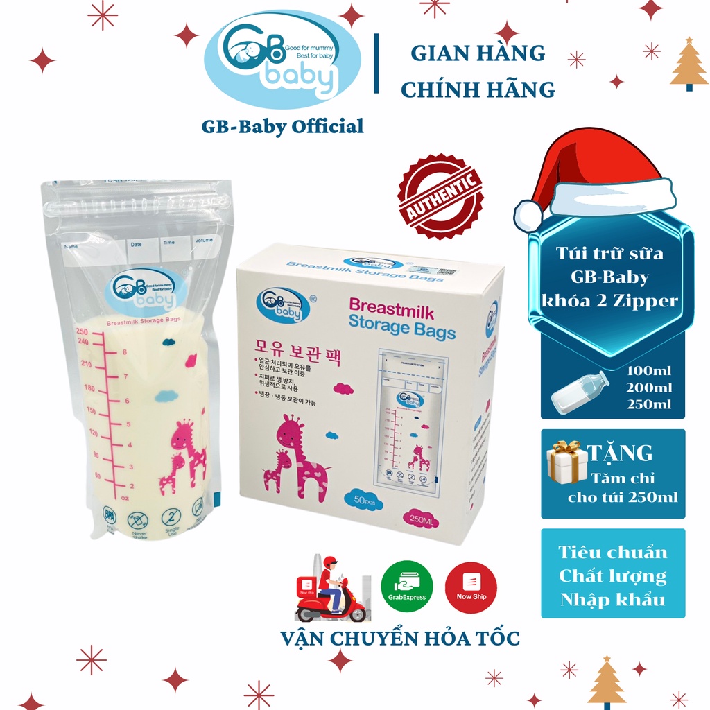 Hộp 50 túi trữ sữa mẹ GB-Baby 250ml 200ml 100ml Tặng Túi tăm chỉ nha khoa