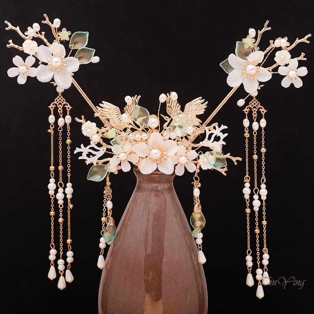 Trâm cài tóc GETNOIVAS hình vương miện phối tua rua phong cách Trung Hoa cổ điển cho cô dâu