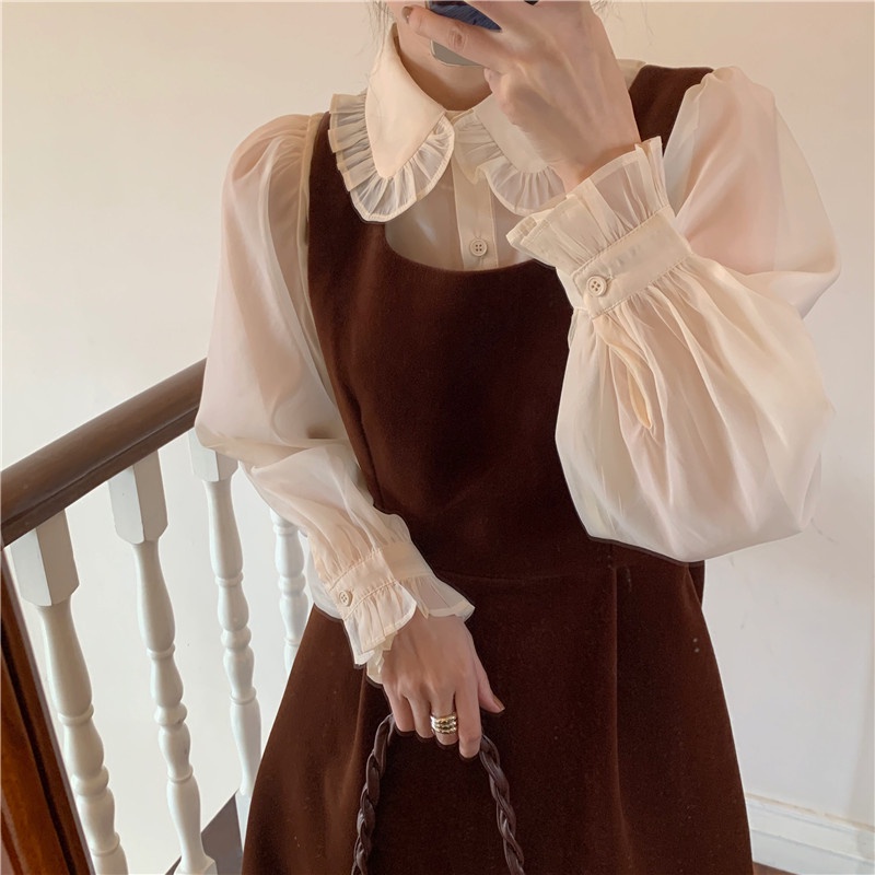 SUXI Set áo sơ mi tay dài màu trơn phối chân váy chữ A phong cách Hàn Quốc mới