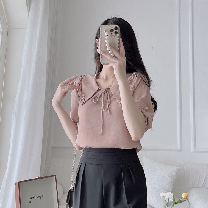 Áo sơ mi tay lỡ voan cổ đức gắn nơ dây trơn chất vải voan xước cao cấp thoáng mát EvaLover