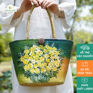 Túi xách cỏ bàng vẽ hoa thủ công - the greenmart vietnam