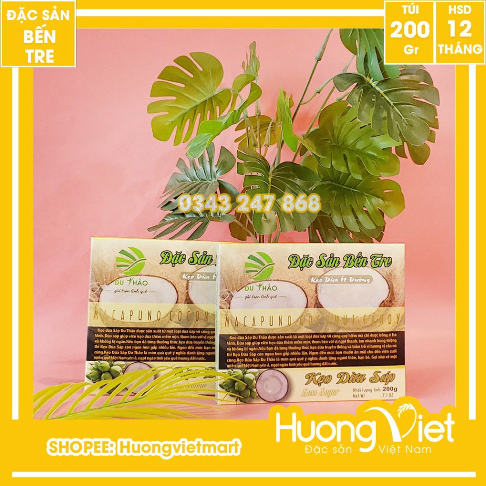 Kẹo dừa Sáp ít đường Du Thảo 200g, kẹo dừa thượng hạng Bến Tre, kẹo dừa Bến Tre mềm dẻo