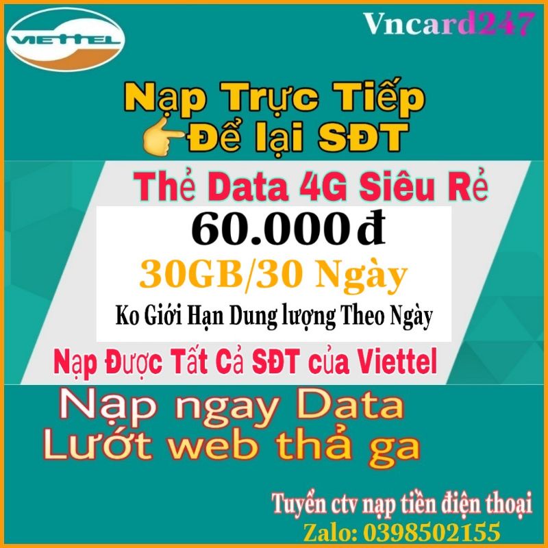 Thẻ Nạp Data Viettel - 30Gb/ 30 ngày