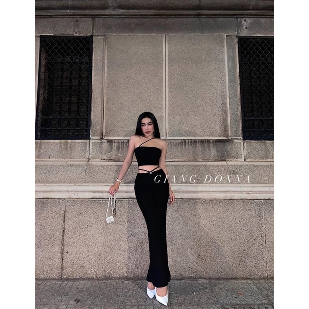 SET ÁO CROPTOP QUẤN EO DÂY CHÉO KÈM QUẦN ĐEN