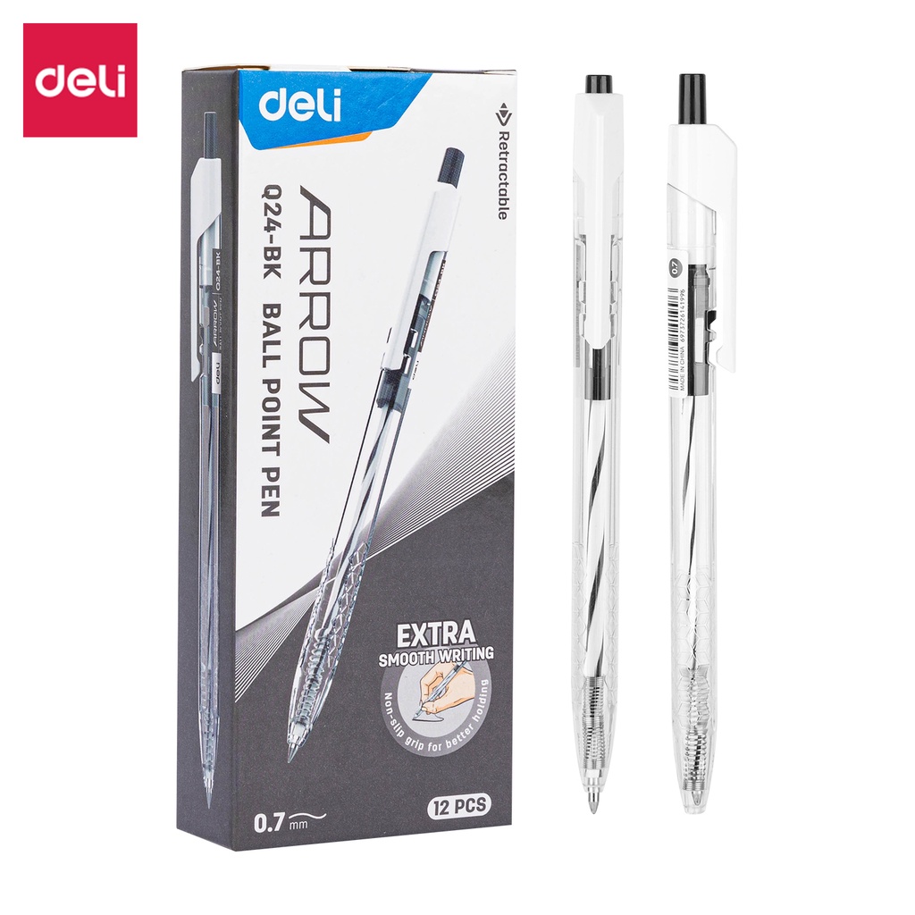 Bút bi bấm văn phòng mực xanh đen đỏ ngòi 0.7mm Deli giá rẻ viết nét đều trơn tru phù hợp cho học sinh