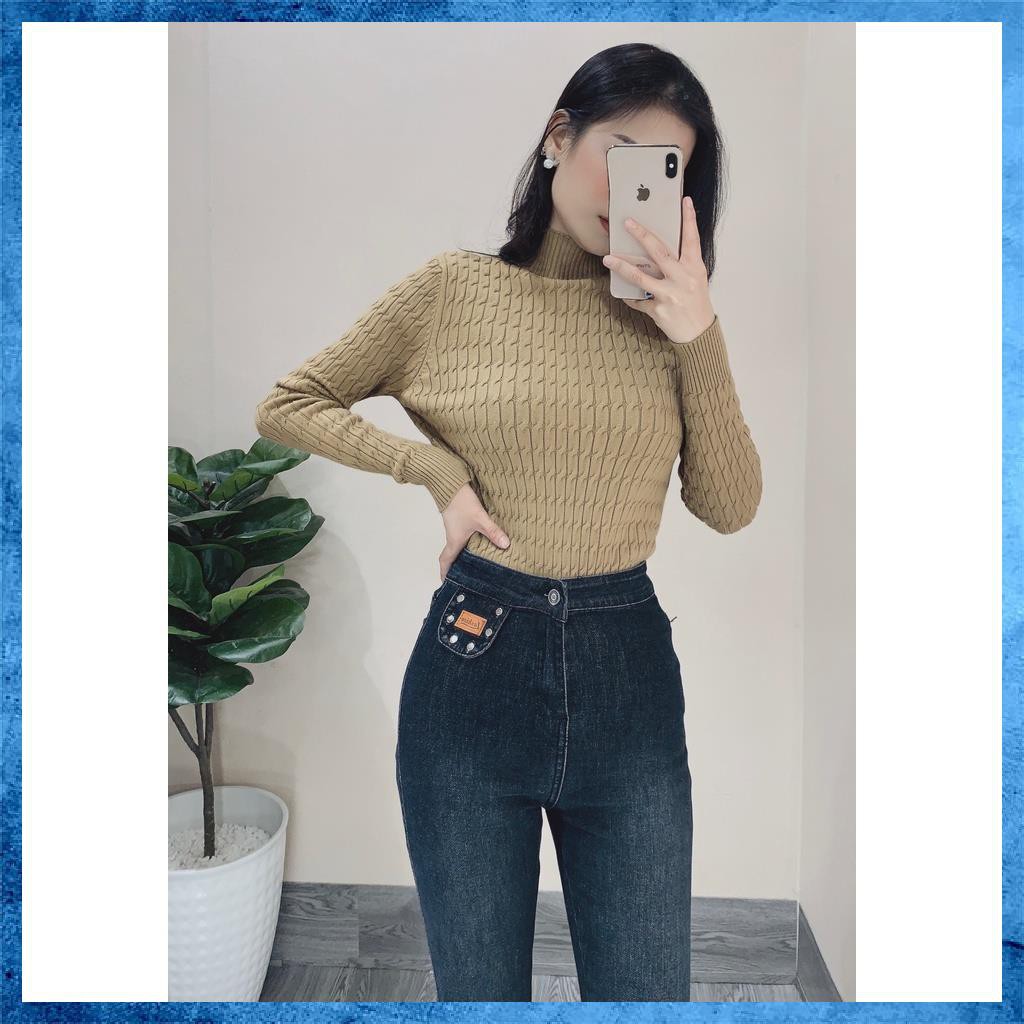 [Jeans thiết kế] Quần jeans nữ, quần bò skinny trơn, lưng cao phối tag 1 khuy. Mã C3160
