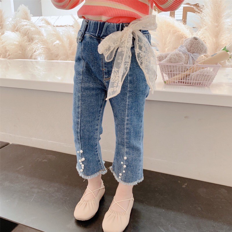 BÁN SỈ QUẦN JEANS XANH NƠ REN ĐÍNH HẠT BÉ GÁI