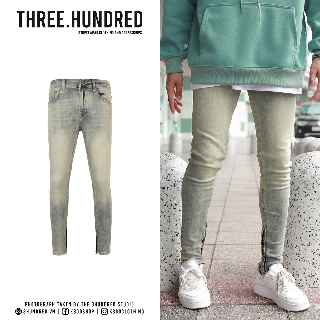 Quần Skinny Jeans Nam-Màu Xanh Bạc-Chất Liệu Cotton Co Giãn-Ống Đứng Dáng-Có Khóa Zip Dưới Ống Chân