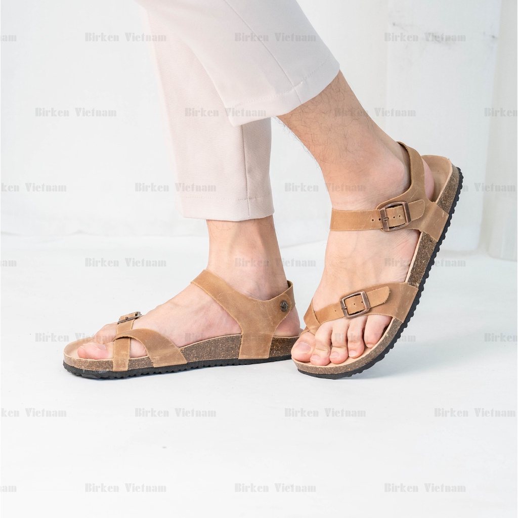 Mã D14 Sandal DA BÒ Đế Trấu Quai Xỏ Ngón Unisex Birken Vietnam Bioline