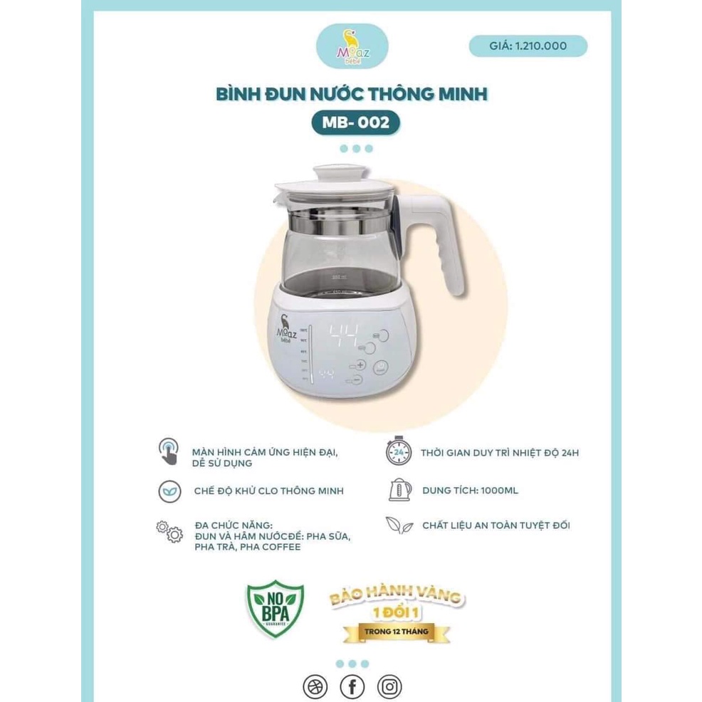 Bình đun nước pha sữa, máy đun nước pha sữa moaz bebe MB002, giữ nhiệt 24h, khử clo, pha sữa, pha trà, pha cafe