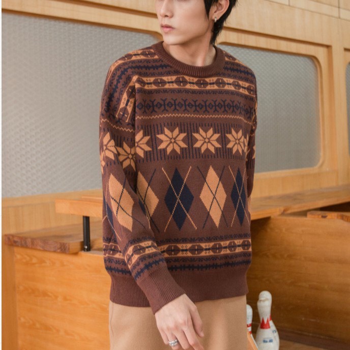Áo Len Nam Hàn Quốc Form Rộng Họa Tiết Thổ Cẩm Kiểu Dáng Unisex AL13