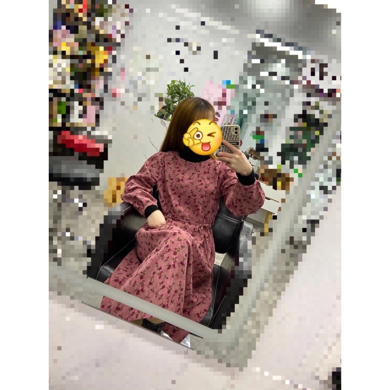 Váy Nhung tăm hoa nhí ,váy thu đông eo nhỏ hoa hồng tay bồng-Có Sẵn-dáng xoè kèm dây đai nhỏ. | BigBuy360 - bigbuy360.vn