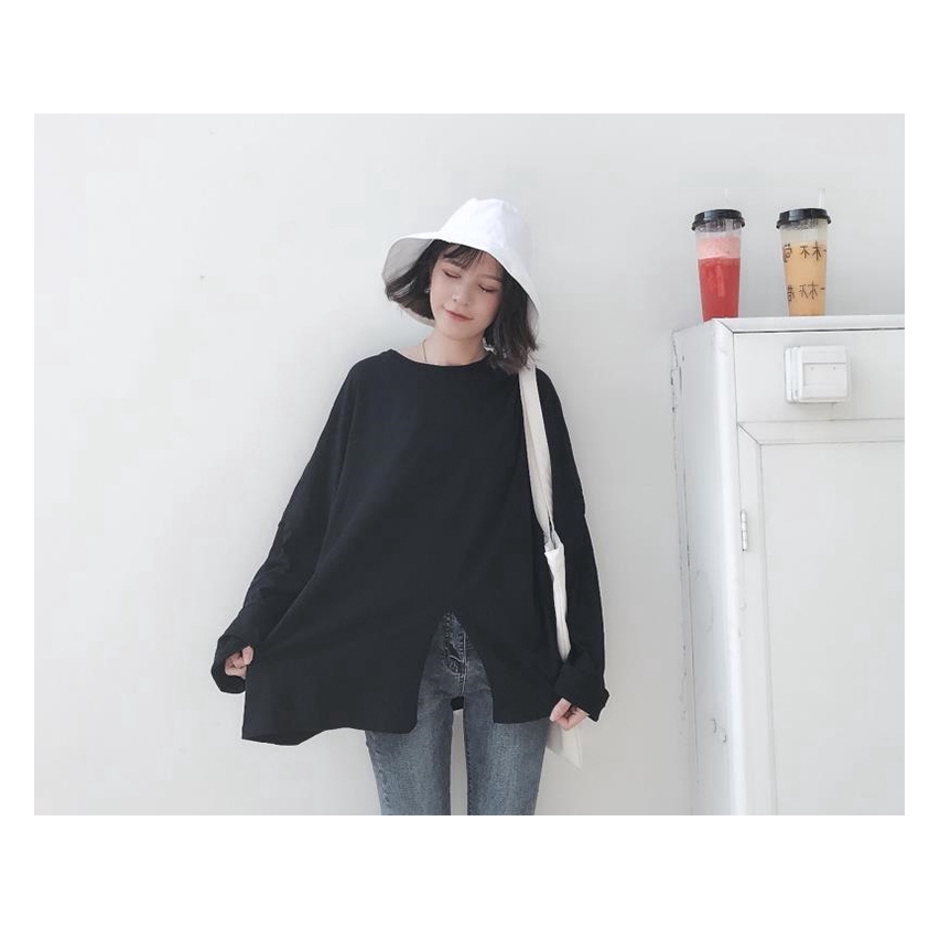 SUXI Áo thun Hàn Quốc dáng rộng dài tay màu trơn