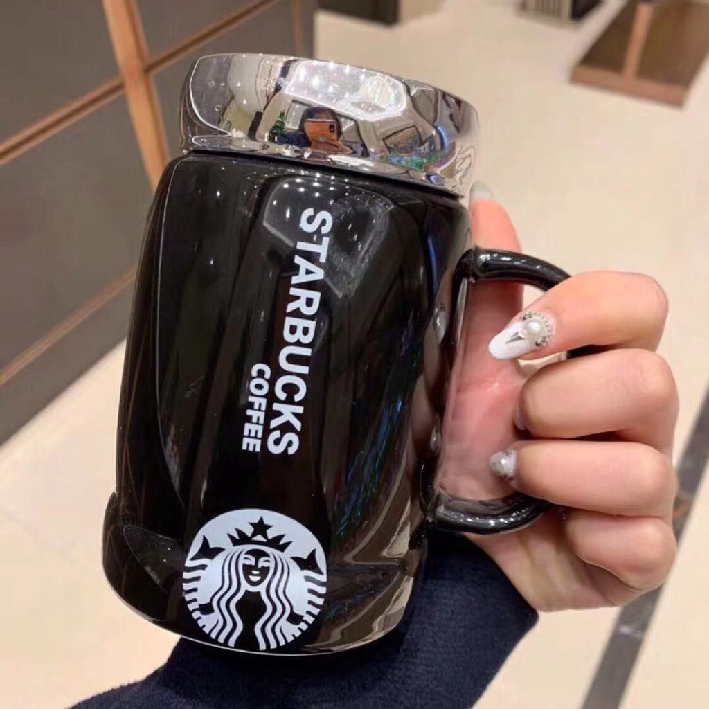Cốc sứ in logo Starbucks màu trắng đen thiết kế đơn giản thời trang kèm nắp tiện dụng