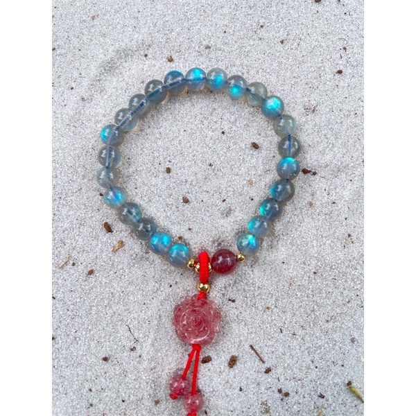 Vòng tay xà cừ Labradorite mix hoa hồng Dâu tây