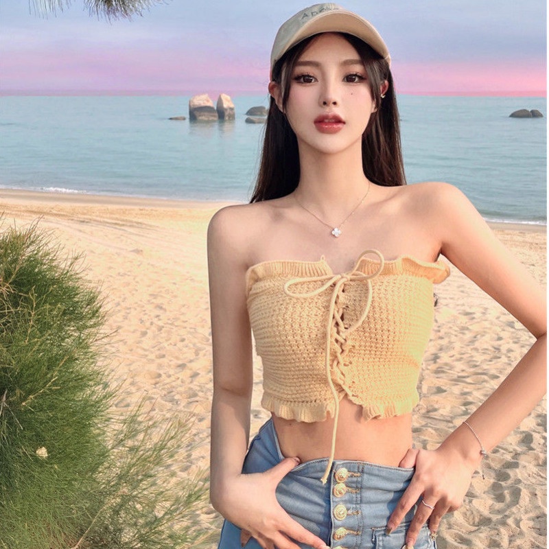 Áo Hai Dây Dệt Kim Màu Đơn Sắc Thời Trang Mùa Hè Hàn Quốc Quyến Rũ Cho Nữ