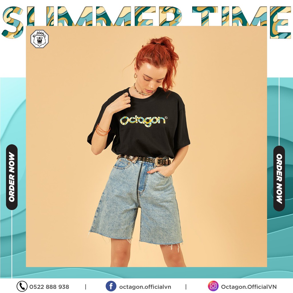 Áo Thun Tay Lỡ OCTAGON SUMMER TIME Màu Đen Phong Cách Hàn Quốc