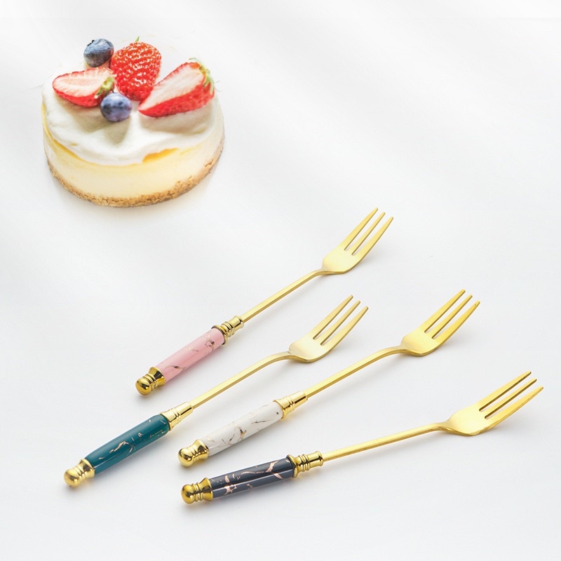 Thìa dĩa cán sứ set 6 chiếc cao cấp , Nĩa muỗng trái cây inox uống trà cà phê Huydecor