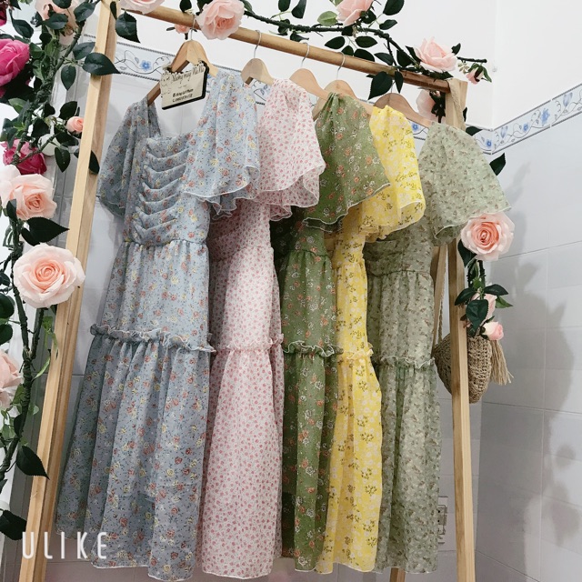 Đầm cổ vuông hoa nhí xếp ly (hình thật+video) | BigBuy360 - bigbuy360.vn