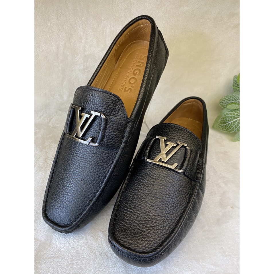 Giày Mọi Nam Da Bò Thật Giày Lười LV Da Cao Cấp Màu Đen -M24 Giày SAGO’S BH 12 Tháng Tặng kèm vớ.