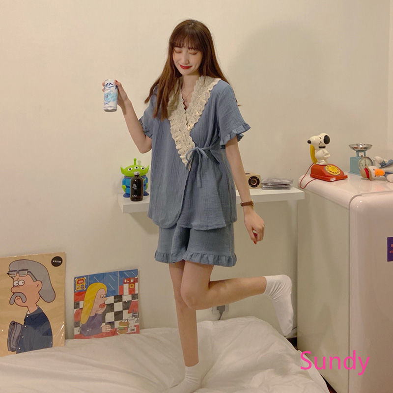 Bộ Đồ Ngủ Ngắn Tay Phối Ren Phong Cách Kimono Nhật Bản Dành Cho Nữ