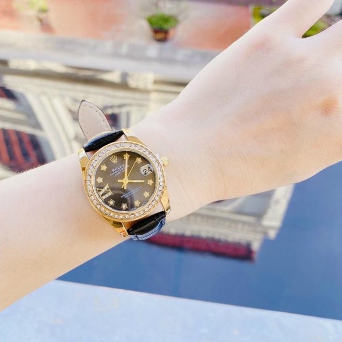 Đồng hồ Rolex nữ dây da viền kim cương nhẹ nhàng sang chảnh hottrend