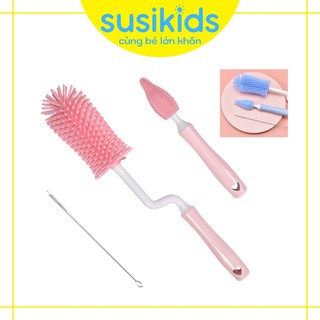 Cọ rửa bình sữa silicon 3 chi tiết cho bé cao cấp tay cầm xoay 360 độ SUSIKIDS