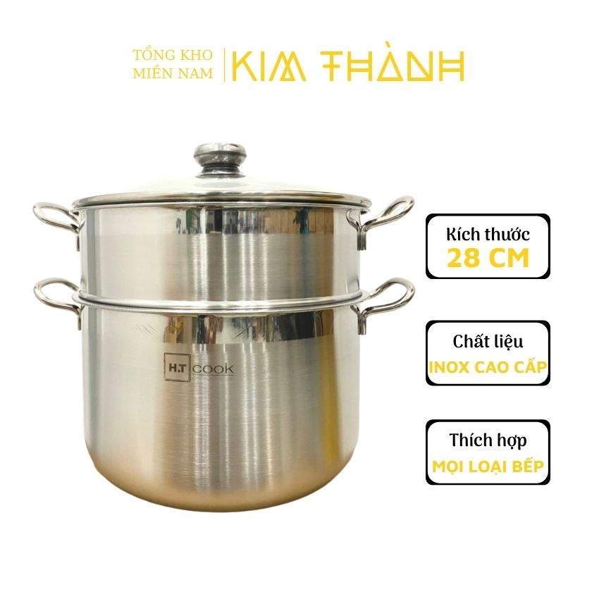 Bộ Nồi Xửng Hấp Inox HT Cook 28cm Nắp Kính. Dùng Được Cả Bếp Từ